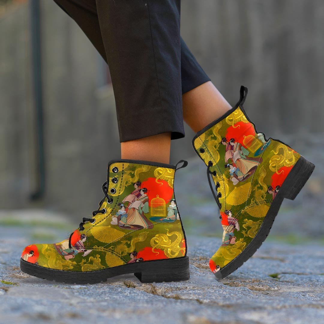 Geisha Japanese Dragon Print Men's Boots-grizzshop