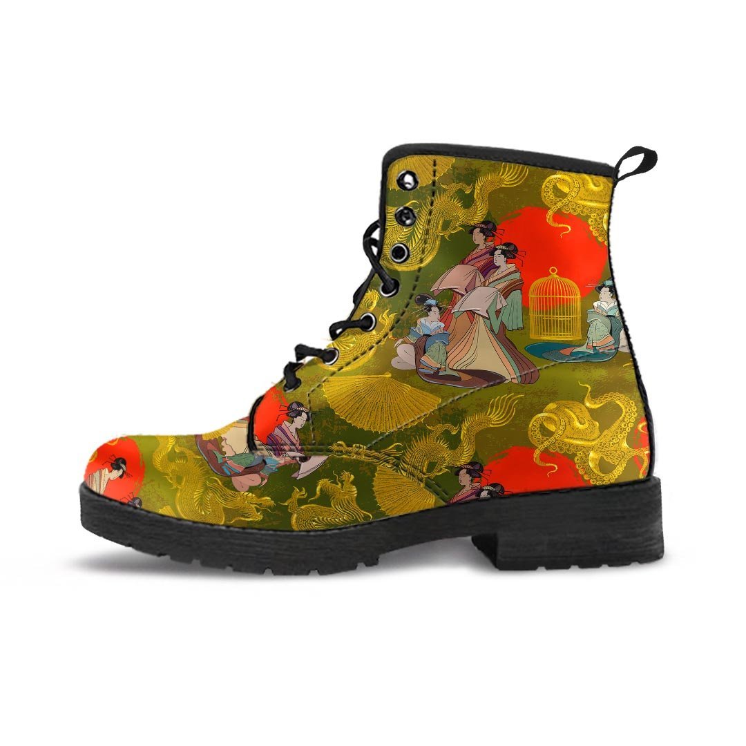 Geisha Japanese Dragon Print Men's Boots-grizzshop