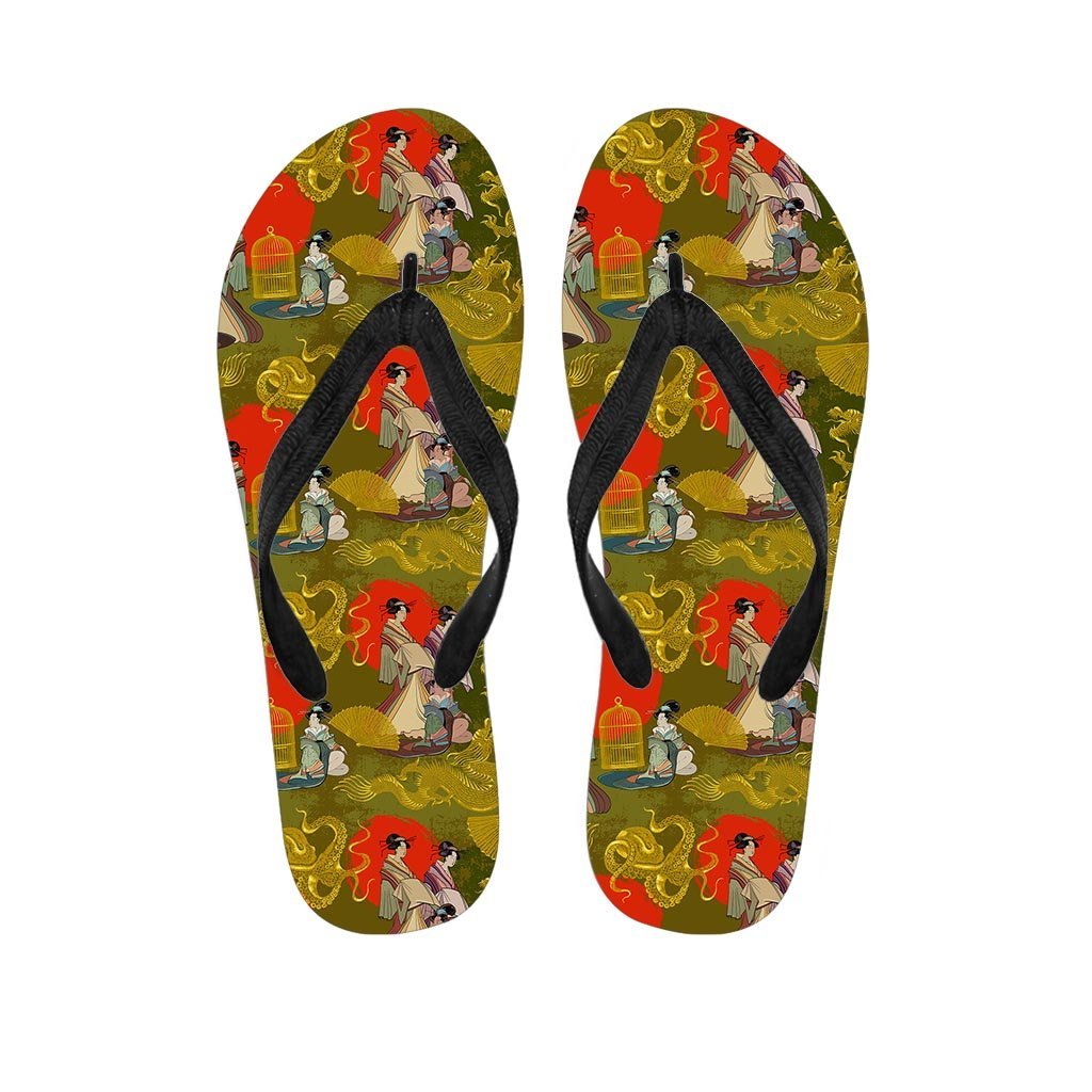 Geisha Japanese Dragon Print Men's Flip Flops-grizzshop