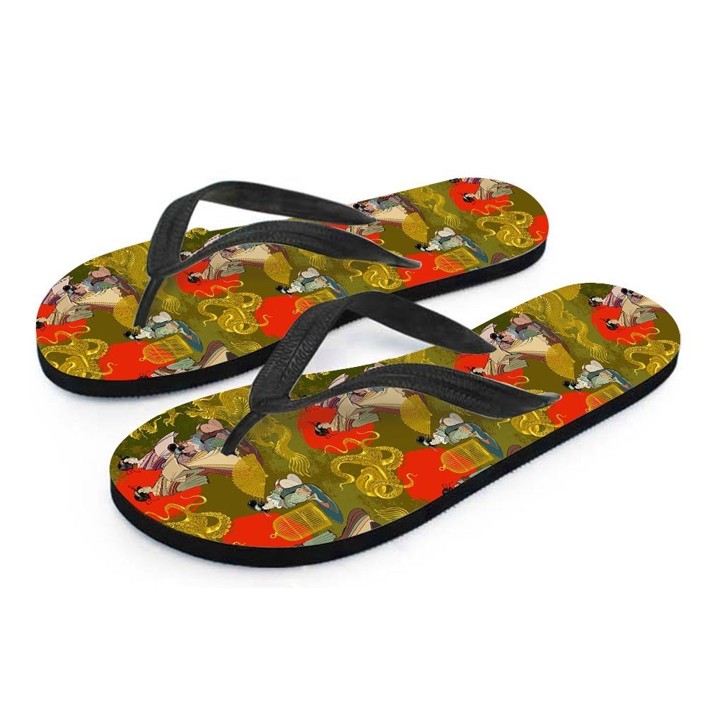 Geisha Japanese Dragon Print Men's Flip Flops-grizzshop