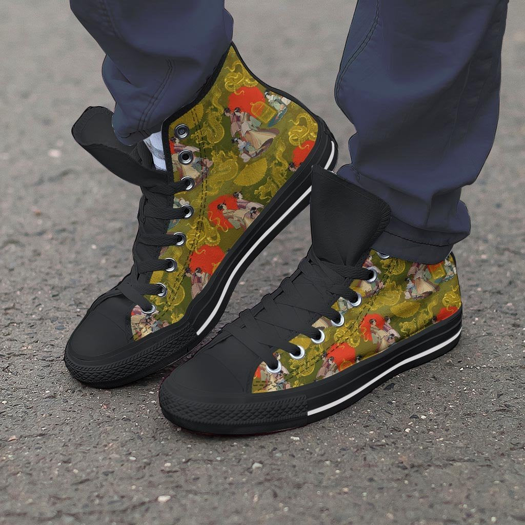 Geisha Japanese Dragon Print Men's High Top Shoes-grizzshop