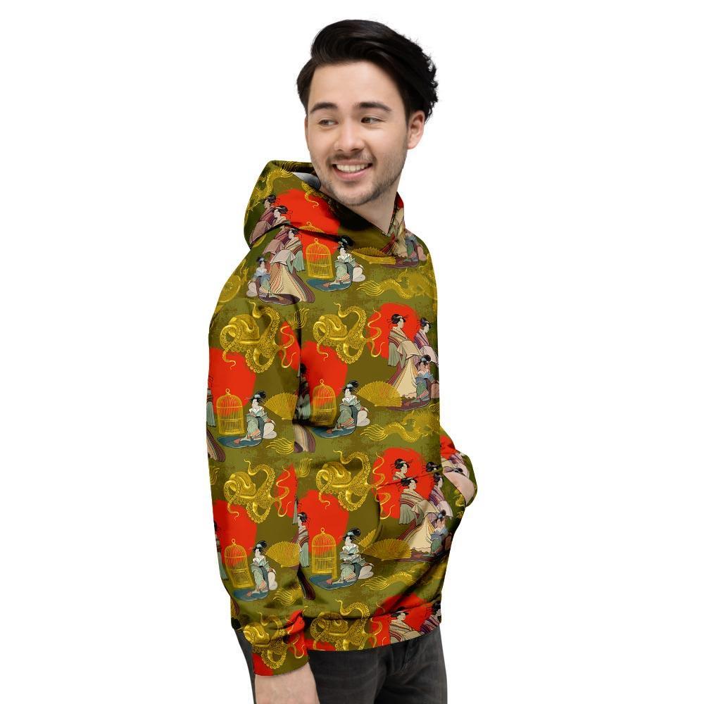 Geisha Japanese Dragon Print Men's Hoodie-grizzshop