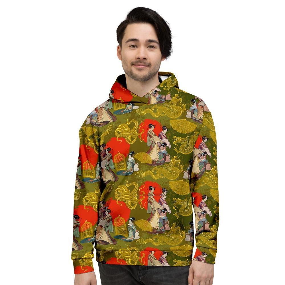 Geisha Japanese Dragon Print Men's Hoodie-grizzshop