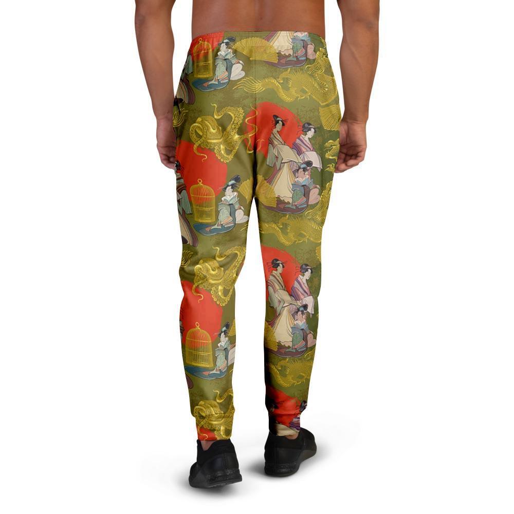 Geisha Japanese Dragon Print Men's Joggers-grizzshop