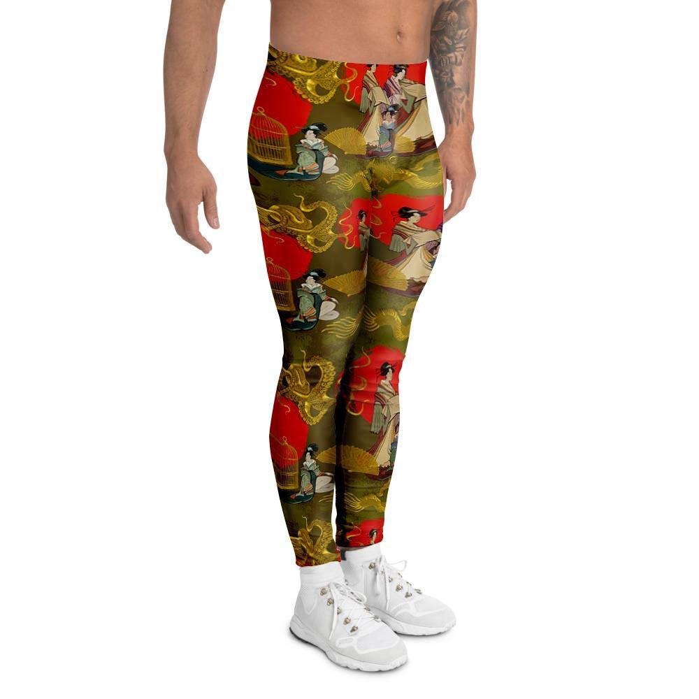 Geisha Japanese Dragon Print Men's Leggings-grizzshop