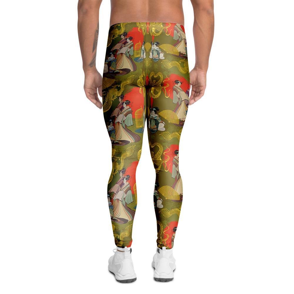 Geisha Japanese Dragon Print Men's Leggings-grizzshop