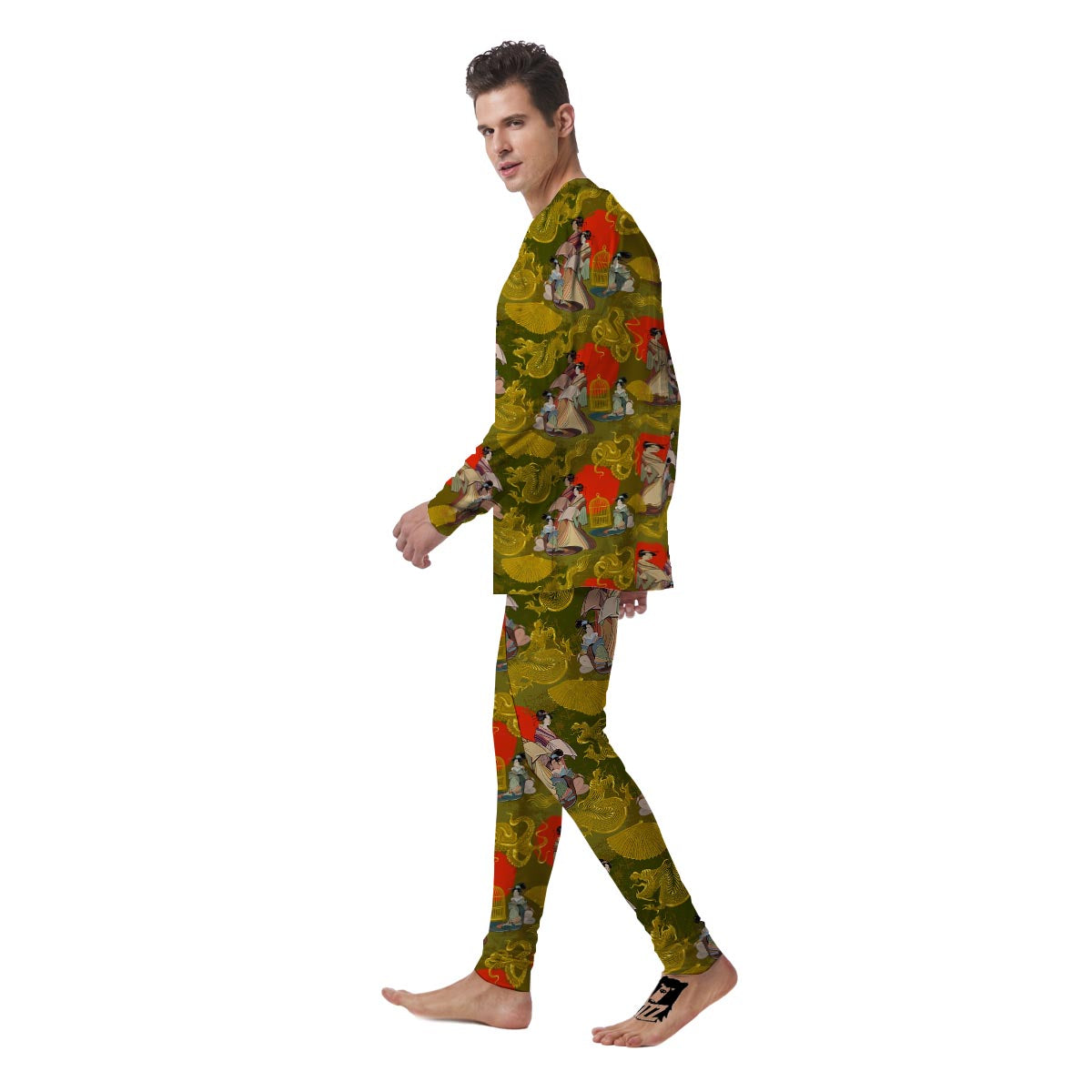 Geisha Japanese Dragon Print Men's Pajamas-grizzshop