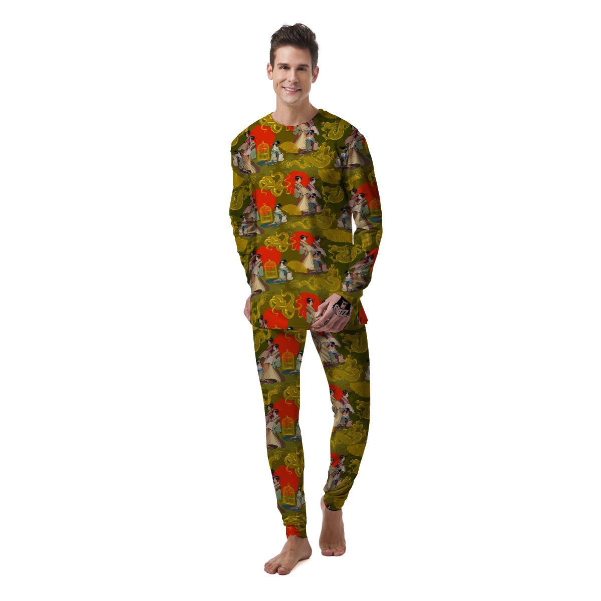 Geisha Japanese Dragon Print Men's Pajamas-grizzshop