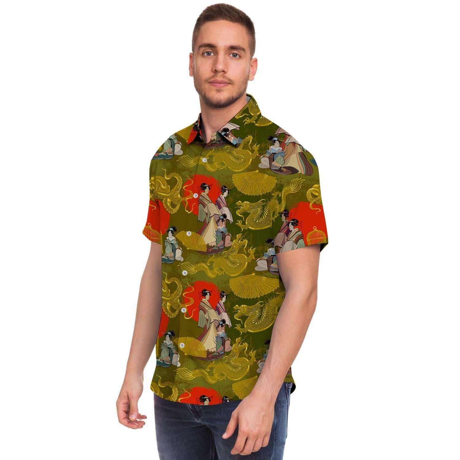 Geisha Japanese Dragon Print Men's Short Sleeve Shirt-grizzshop