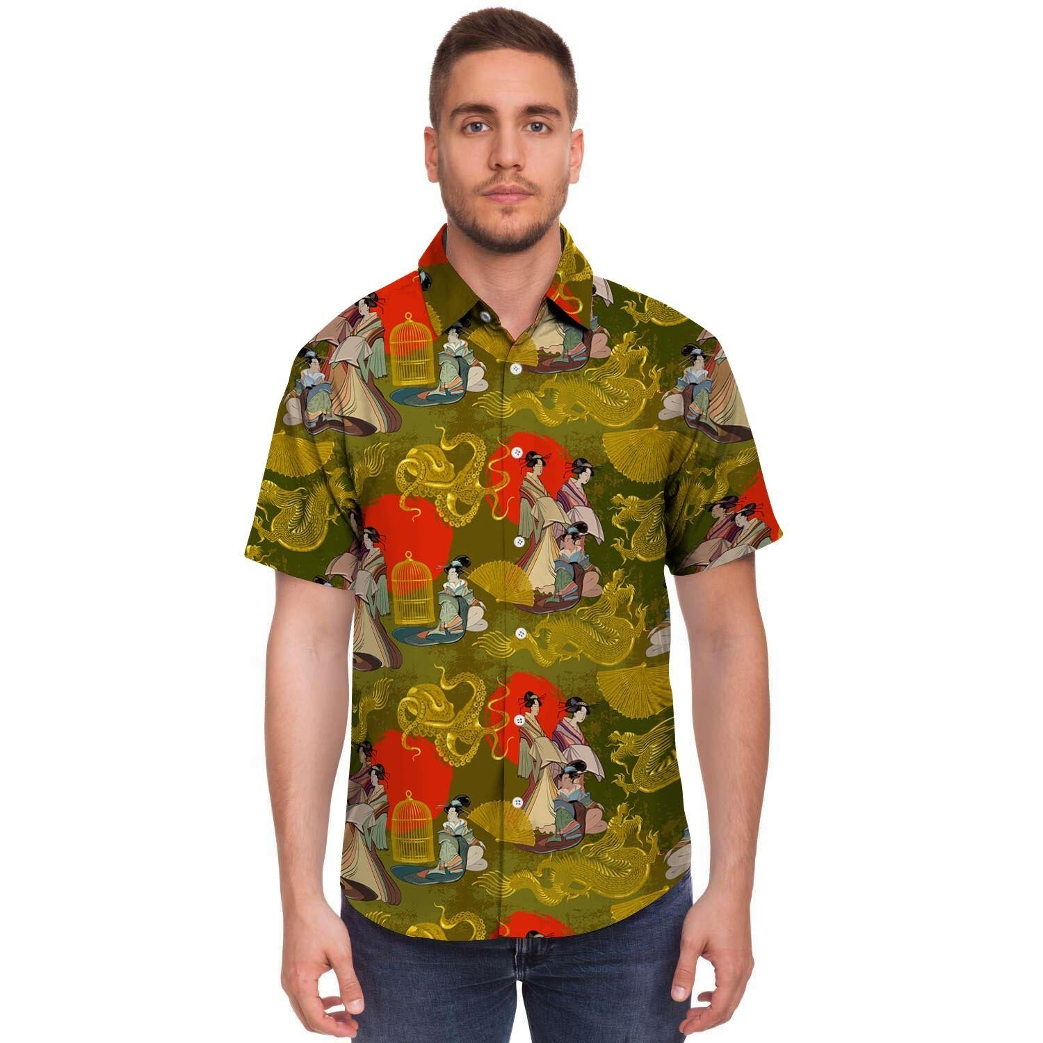 Geisha Japanese Dragon Print Men's Short Sleeve Shirt-grizzshop