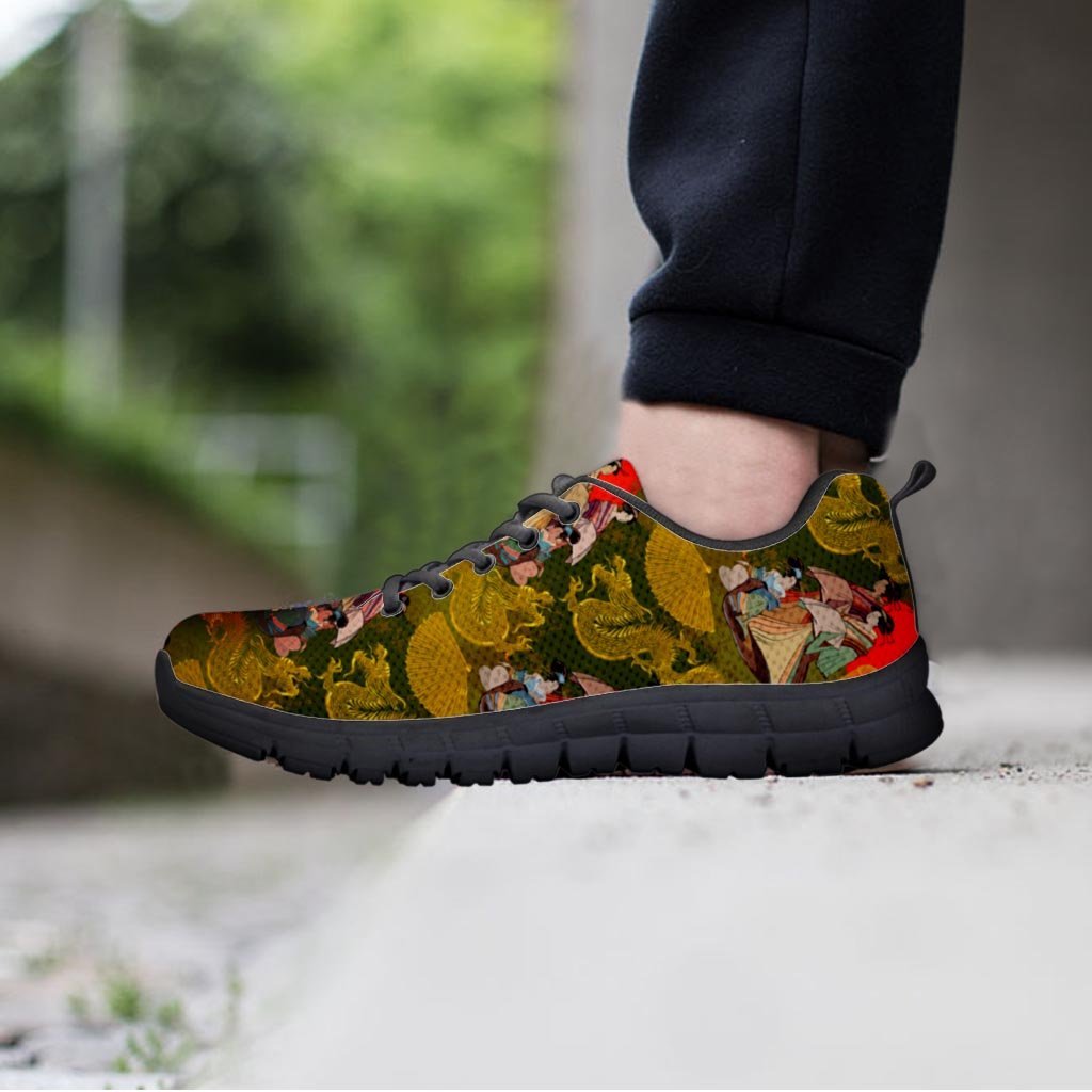 Geisha Japanese Dragon Print Men's Sneakers-grizzshop