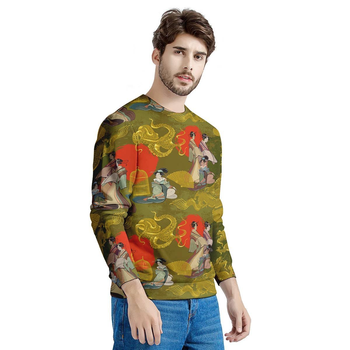 Geisha Japanese Dragon Print Men's Sweatshirt-grizzshop