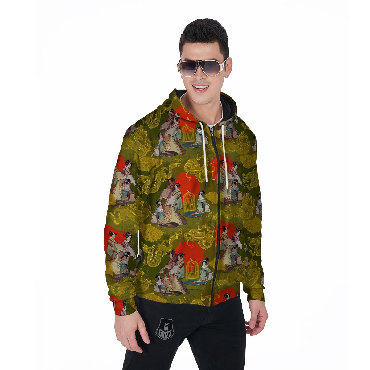 Geisha Japanese Dragon Print Men's Zip Up Hoodie-grizzshop