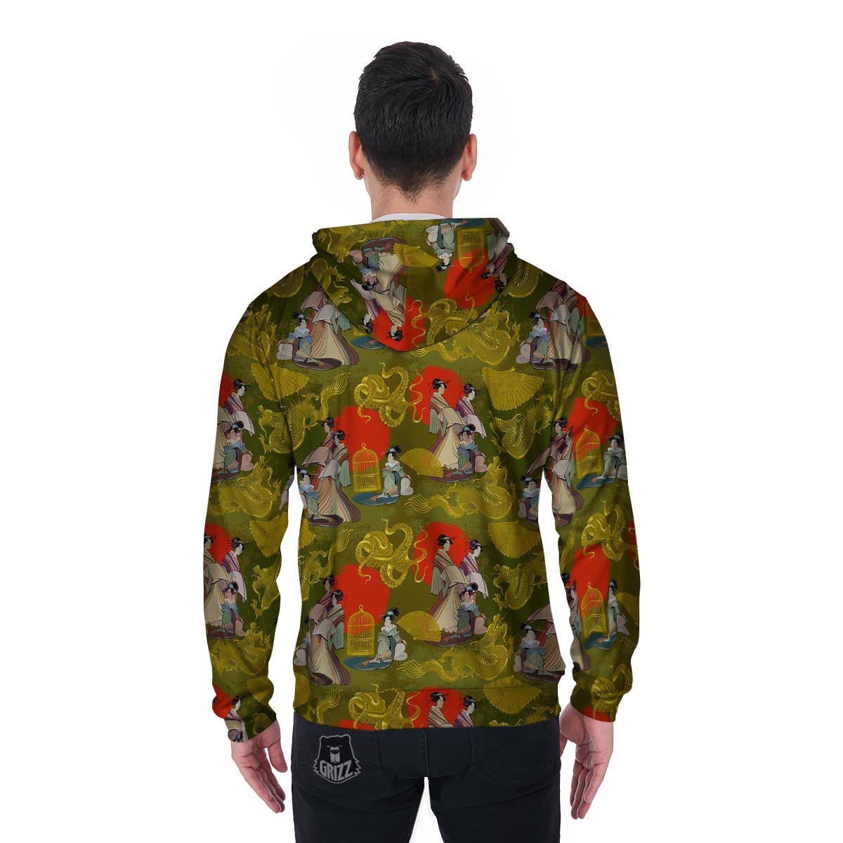 Geisha Japanese Dragon Print Men's Zip Up Hoodie-grizzshop
