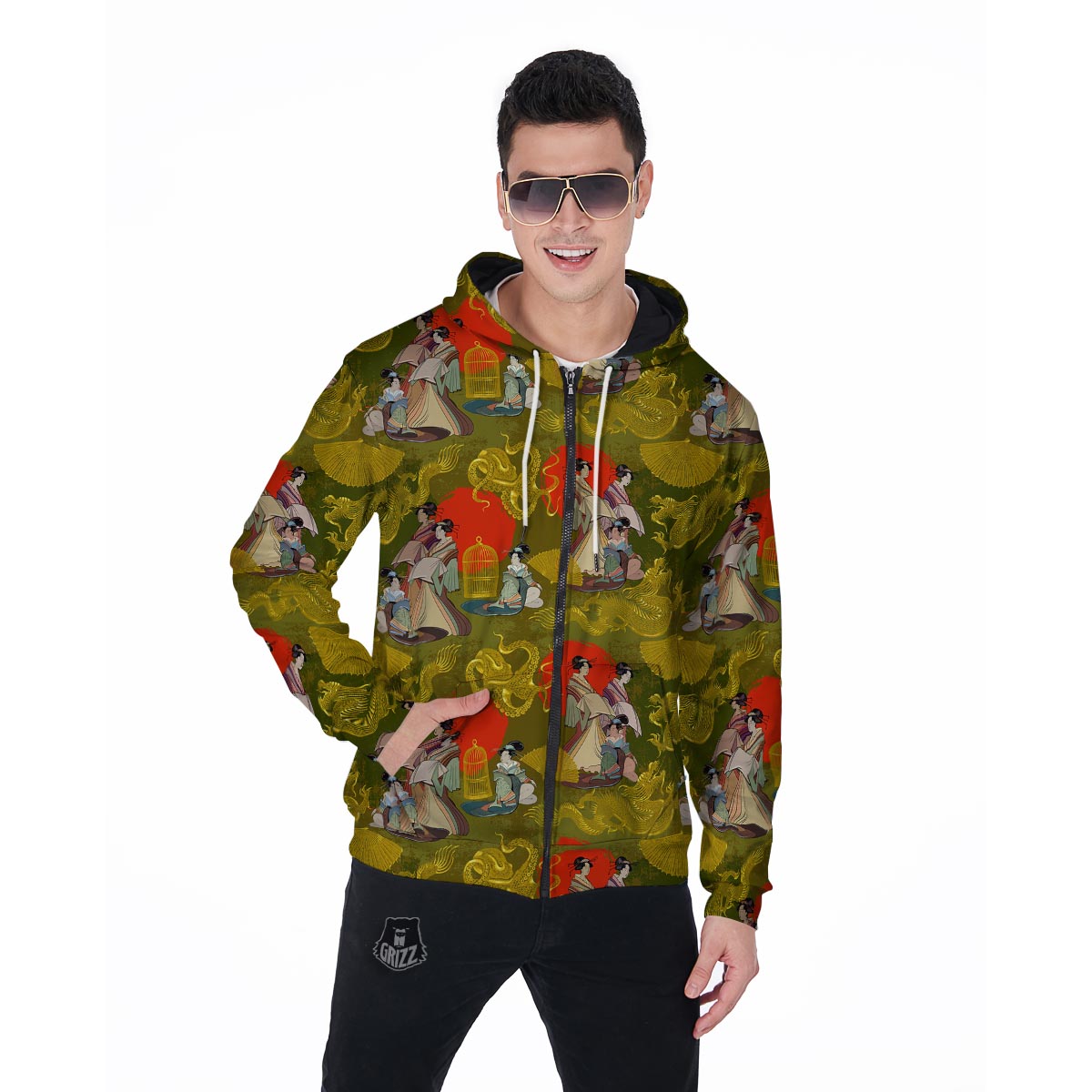 Geisha Japanese Dragon Print Men's Zip Up Hoodie-grizzshop