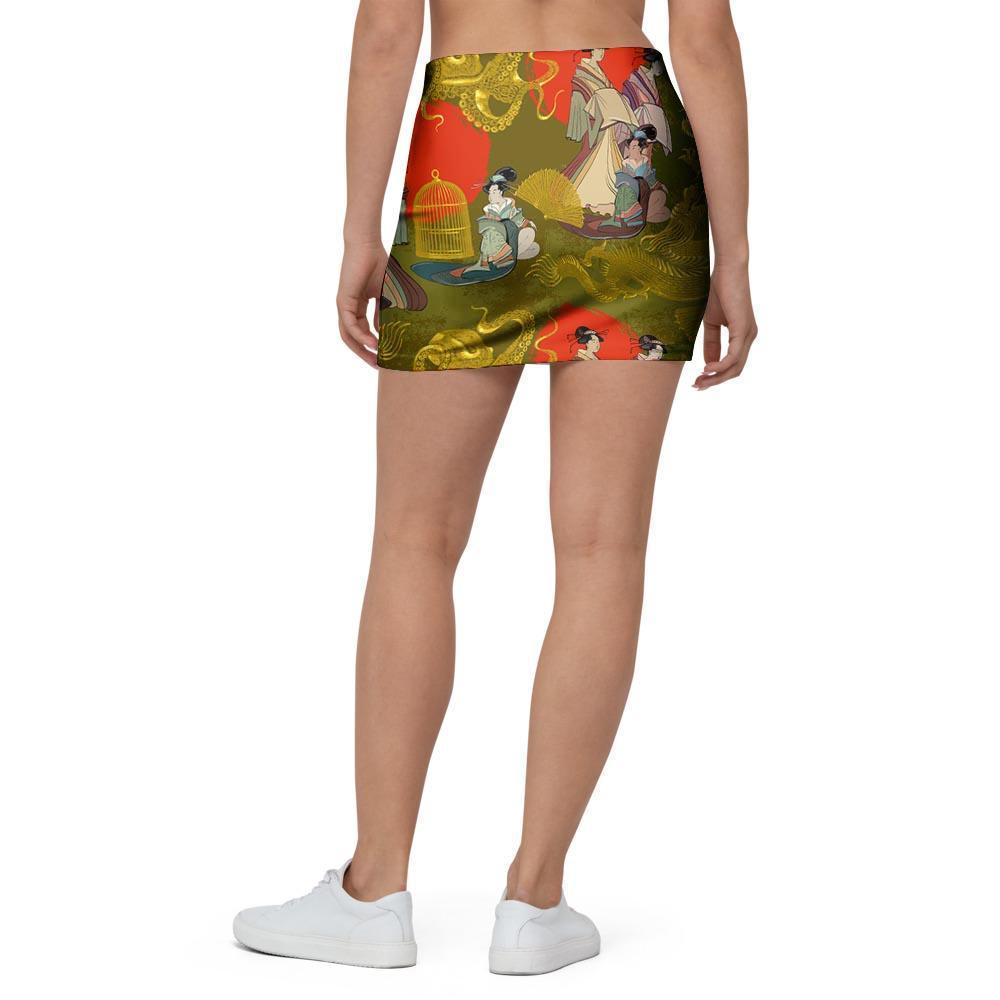 Geisha Japanese Dragon Print Mini Skirt-grizzshop