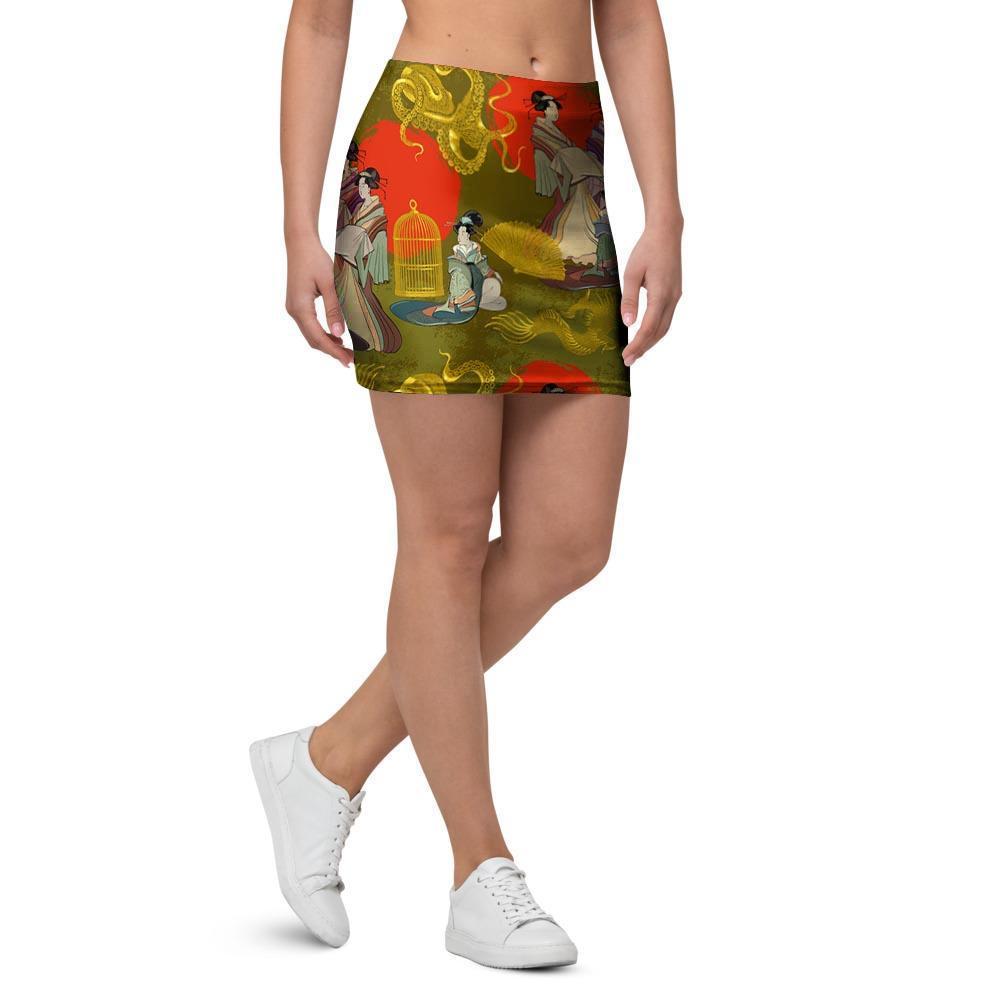 Geisha Japanese Dragon Print Mini Skirt-grizzshop