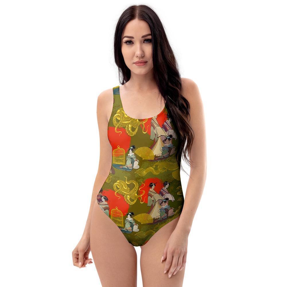 Geisha Japanese Dragon Print One Piece Swimsuite-grizzshop