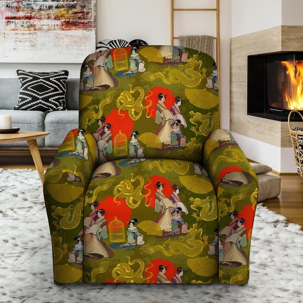 Geisha Japanese Dragon Print Recliner Cover-grizzshop