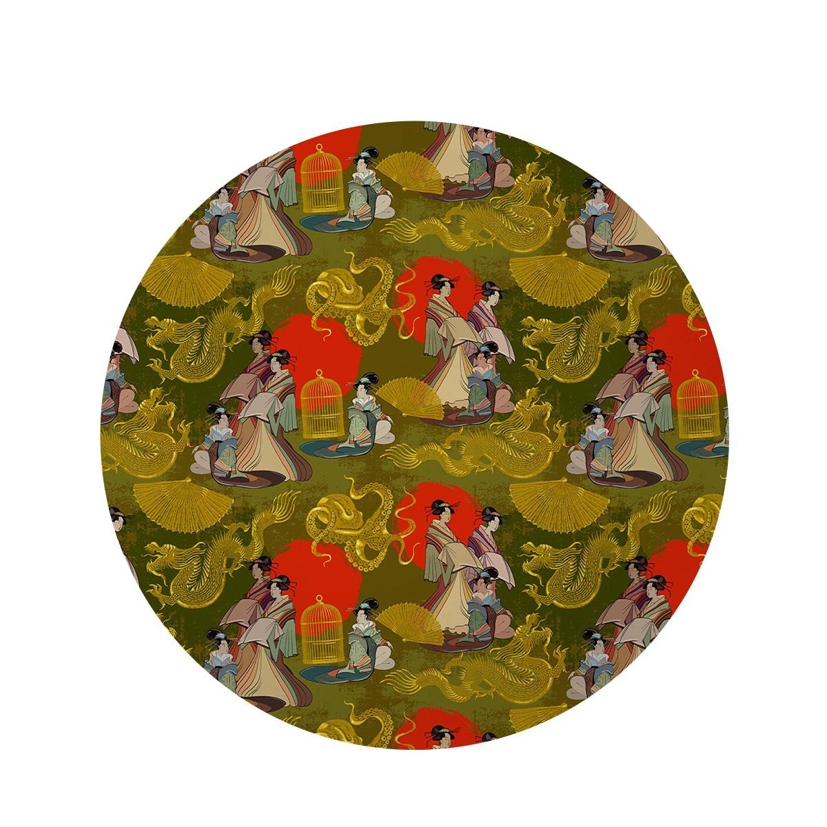 Geisha Japanese Dragon Print Round Rug-grizzshop