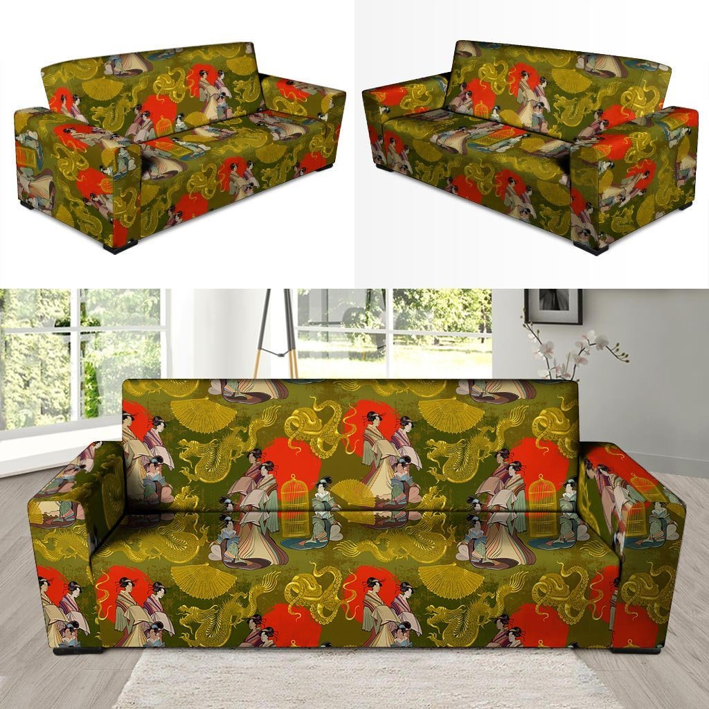 Geisha Japanese Dragon Print Sofa Cover-grizzshop