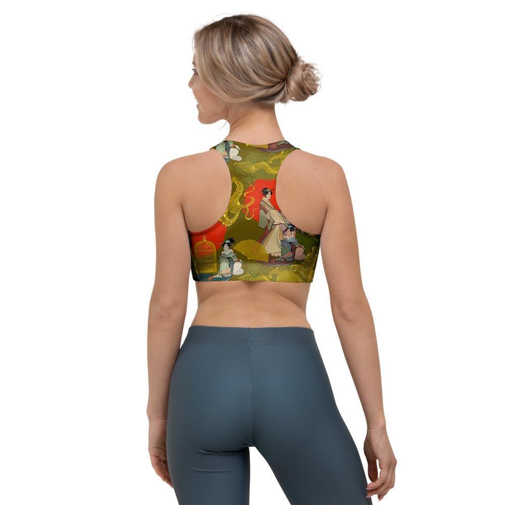 Geisha Japanese Dragon Print Sports Bra-grizzshop