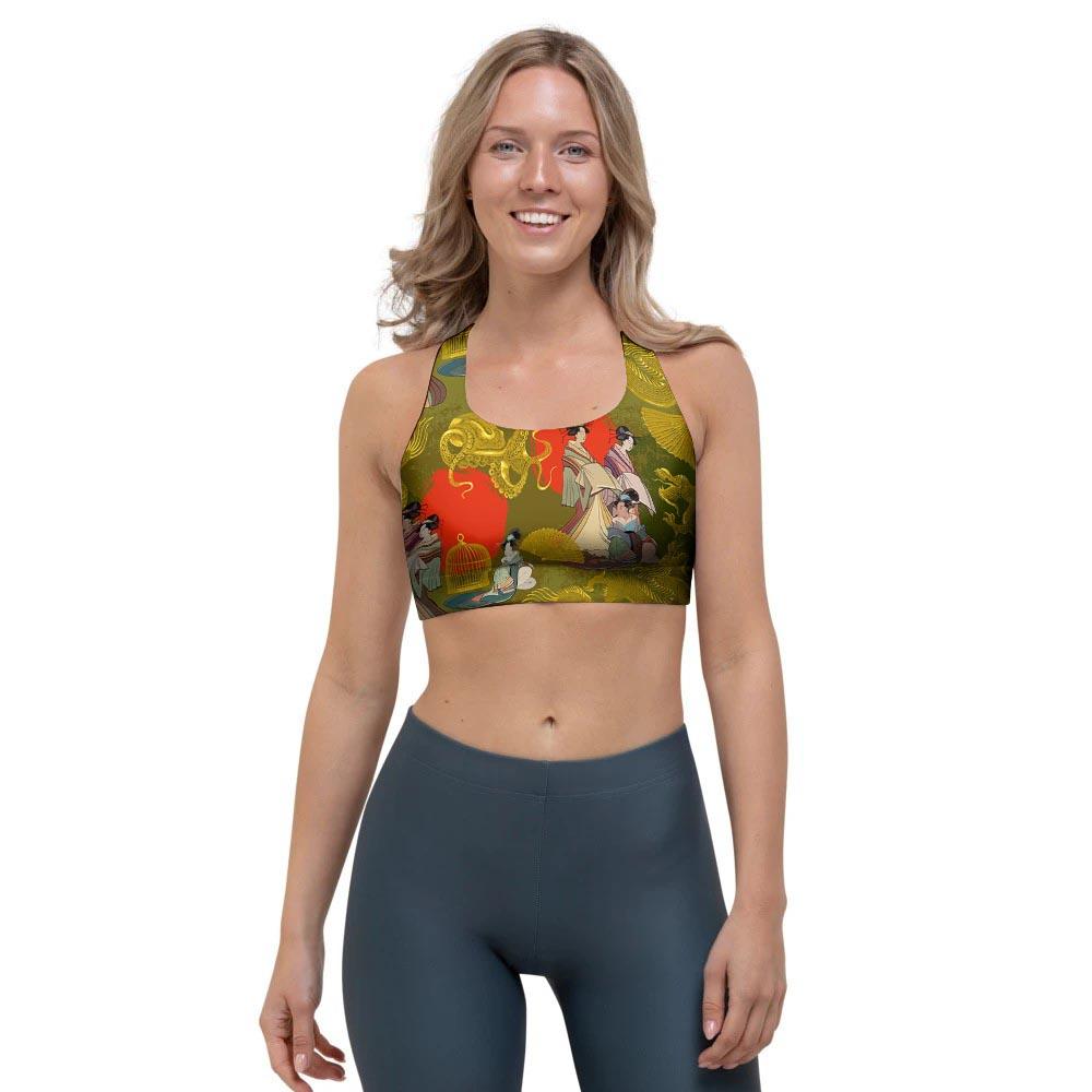 Geisha Japanese Dragon Print Sports Bra-grizzshop