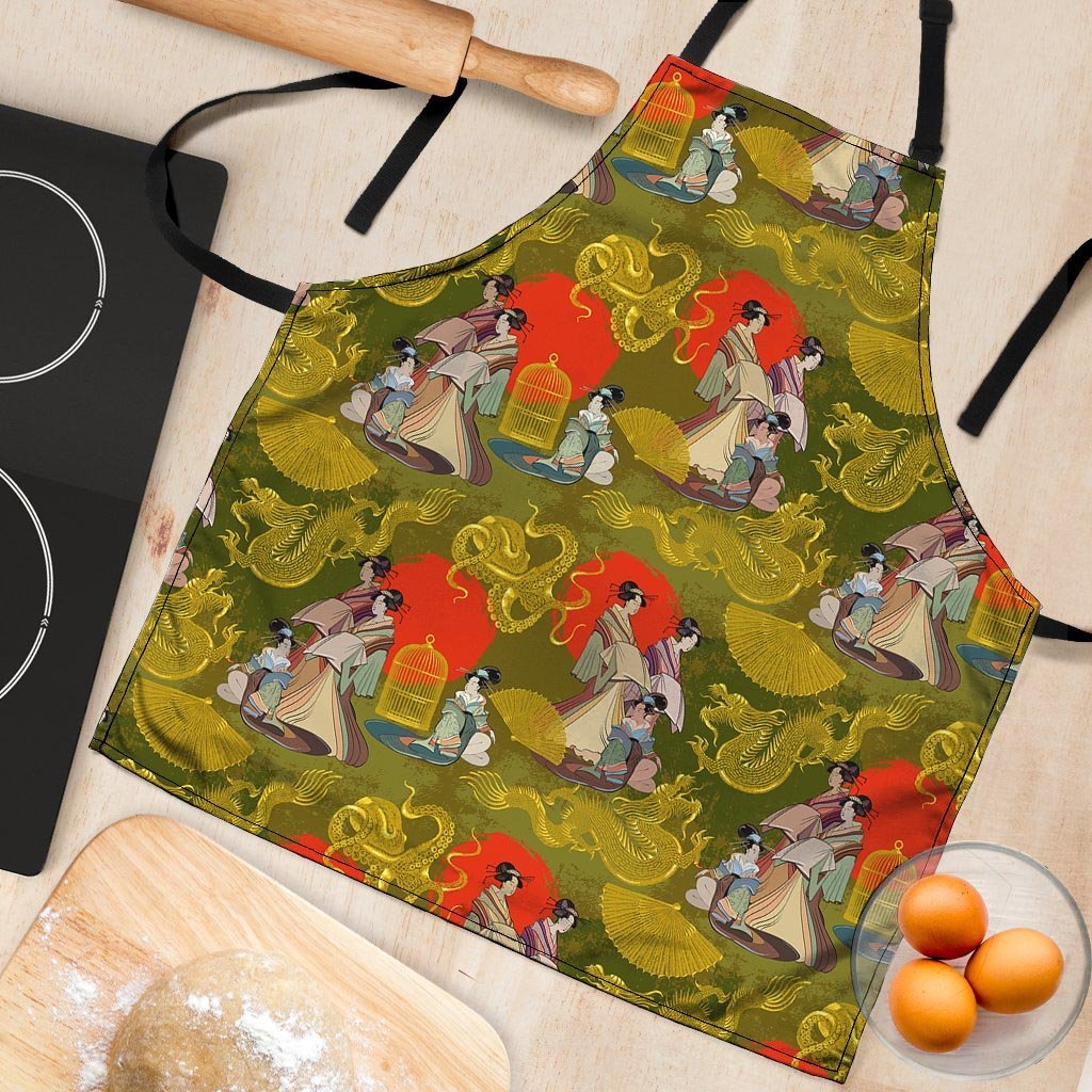 Geisha Japanese Dragon Print Women's Apron-grizzshop