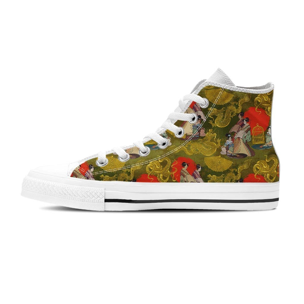 Geisha Japanese Dragon Print Women's High Top Shoes-grizzshop