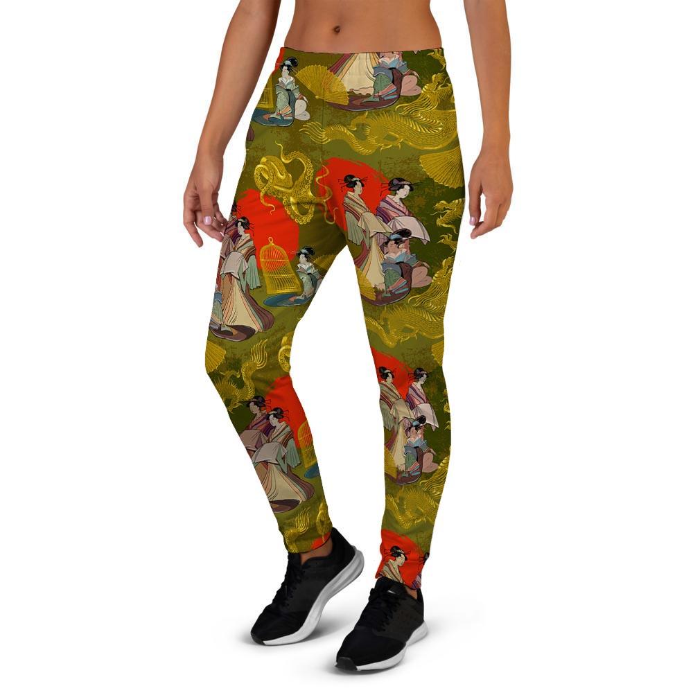 Geisha Japanese Dragon Print Women's Joggers-grizzshop