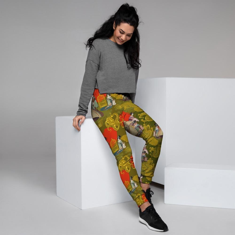 Geisha Japanese Dragon Print Women's Joggers-grizzshop