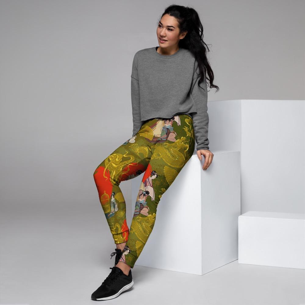 Geisha Japanese Dragon Print Women's Joggers-grizzshop