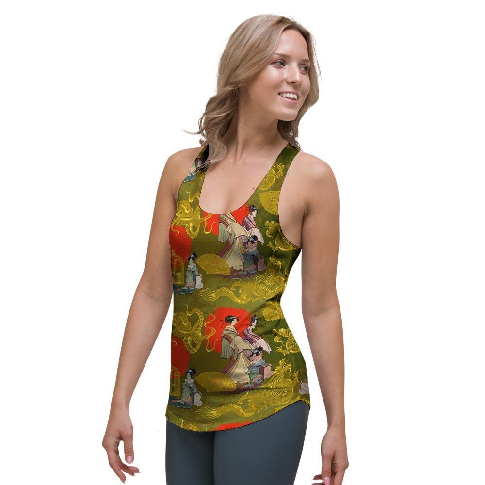 Geisha Japanese Dragon Print Women's Racerback Tank Top-grizzshop