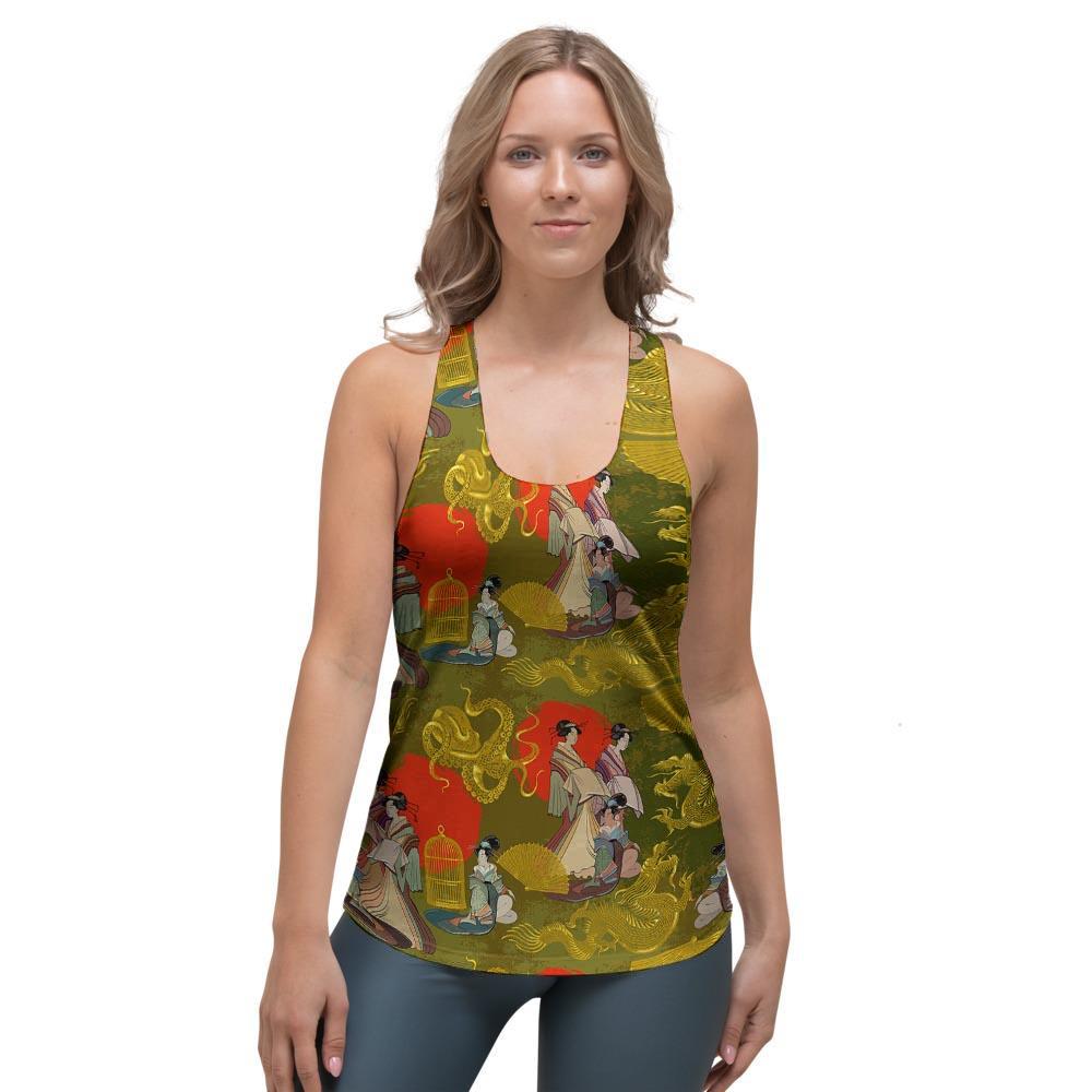 Geisha Japanese Dragon Print Women's Racerback Tank Top-grizzshop