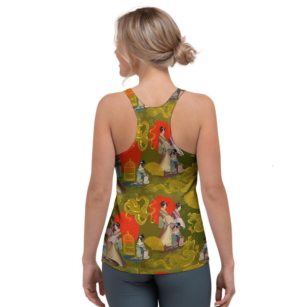 Geisha Japanese Dragon Print Women's Racerback Tank Top-grizzshop