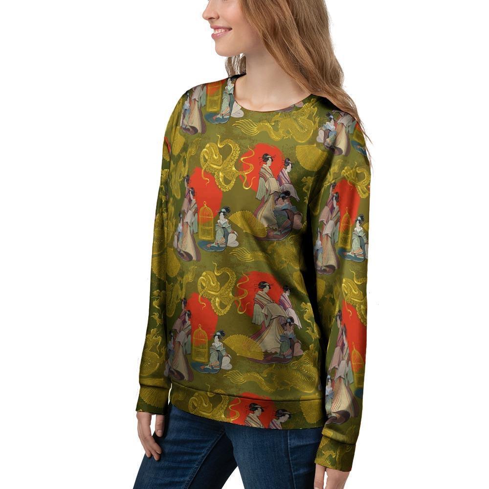 Geisha Japanese Dragon Print Women's Sweatshirt-grizzshop