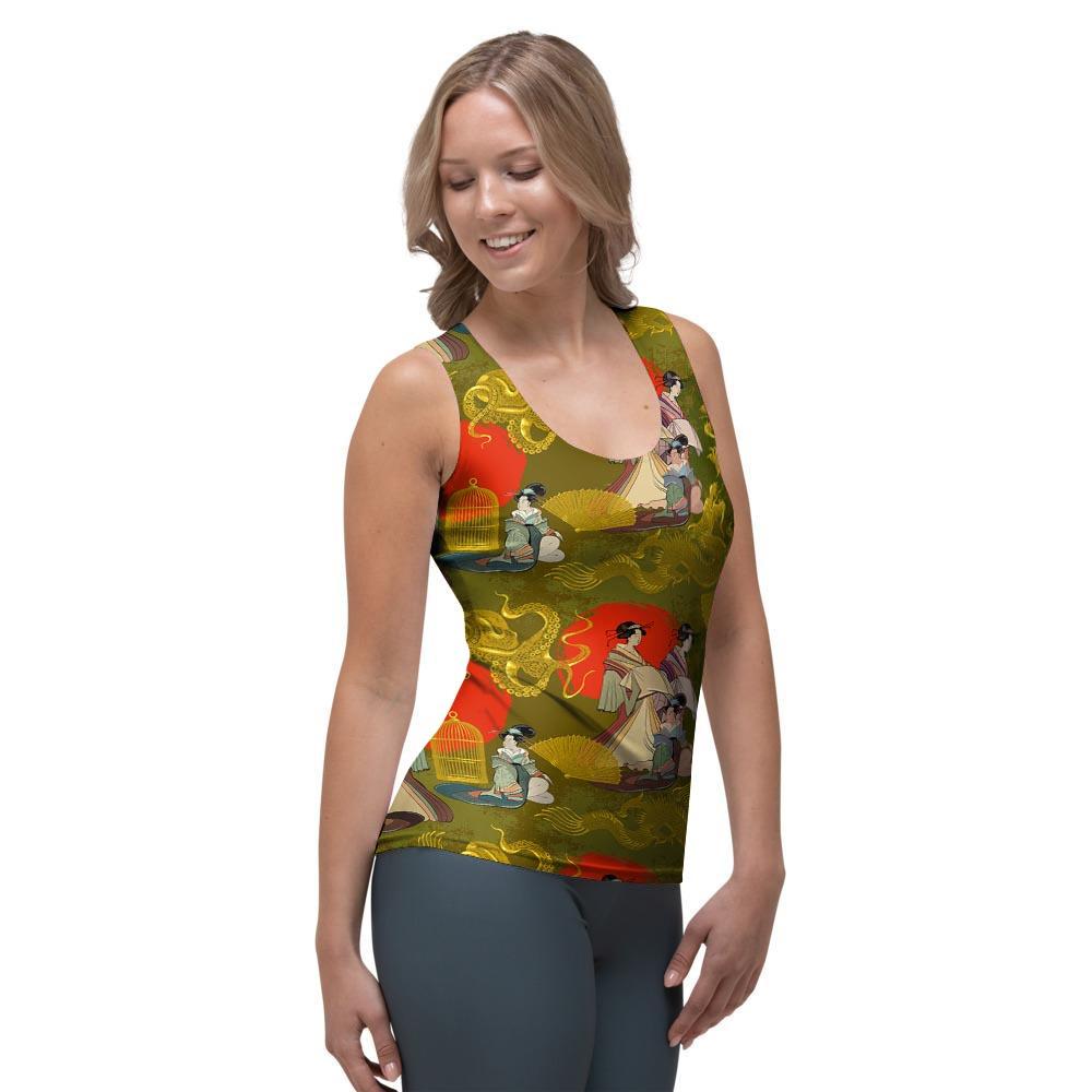 Geisha Japanese Dragon Print Women's Tank Top-grizzshop