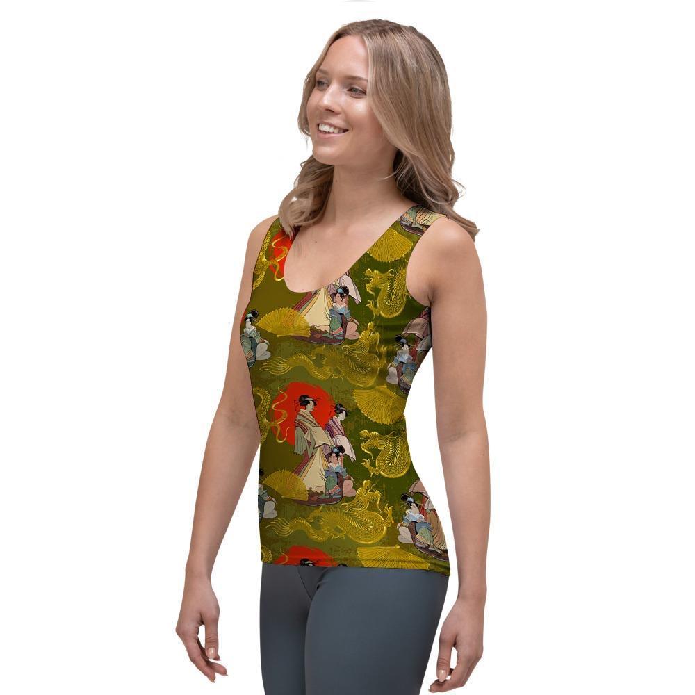 Geisha Japanese Dragon Print Women's Tank Top-grizzshop