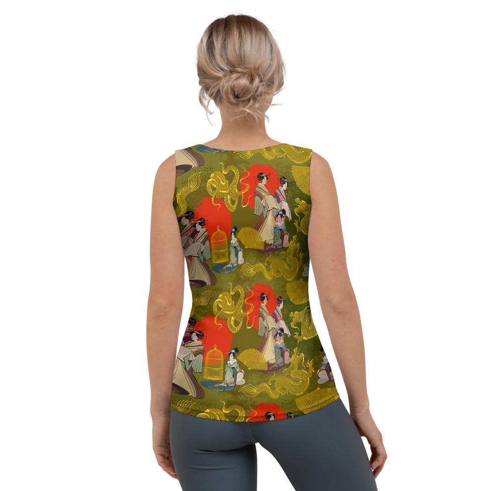 Geisha Japanese Dragon Print Women's Tank Top-grizzshop