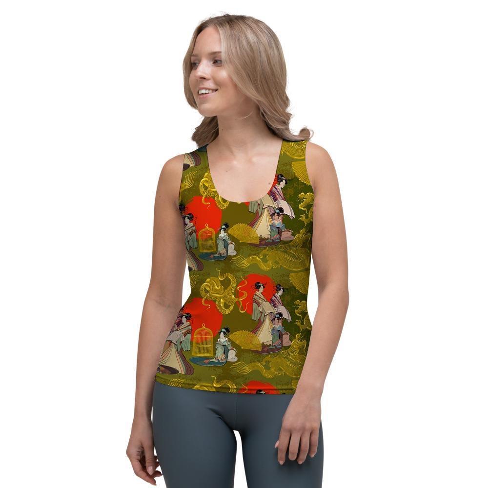 Geisha Japanese Dragon Print Women's Tank Top-grizzshop