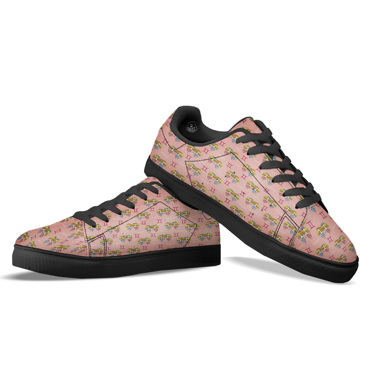 Gemini Cute Cartoon Print Pattern Black Low Top Sneakers-grizzshop
