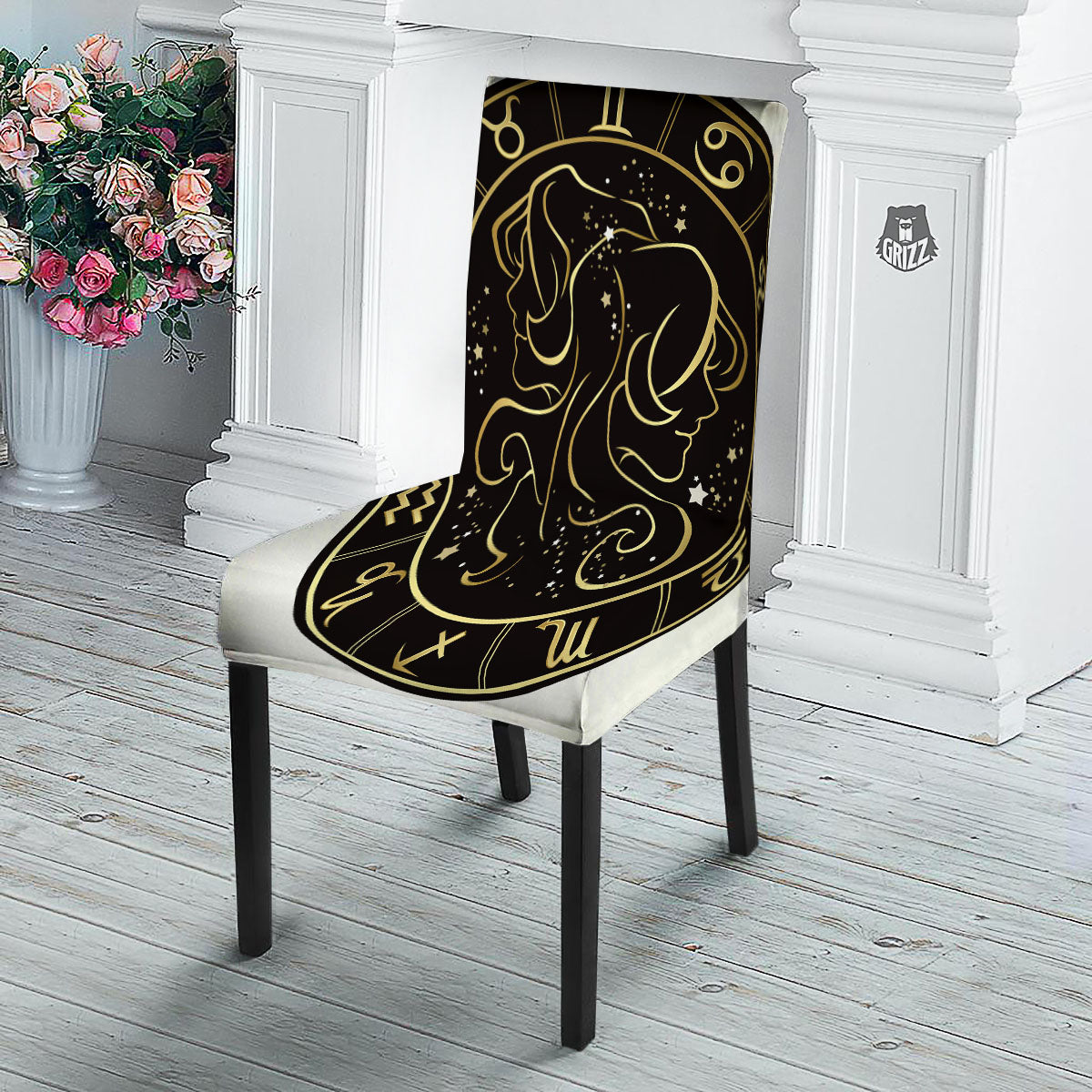 Gemini Sign Black And Gold Print Dining Chair Slipcover-grizzshop