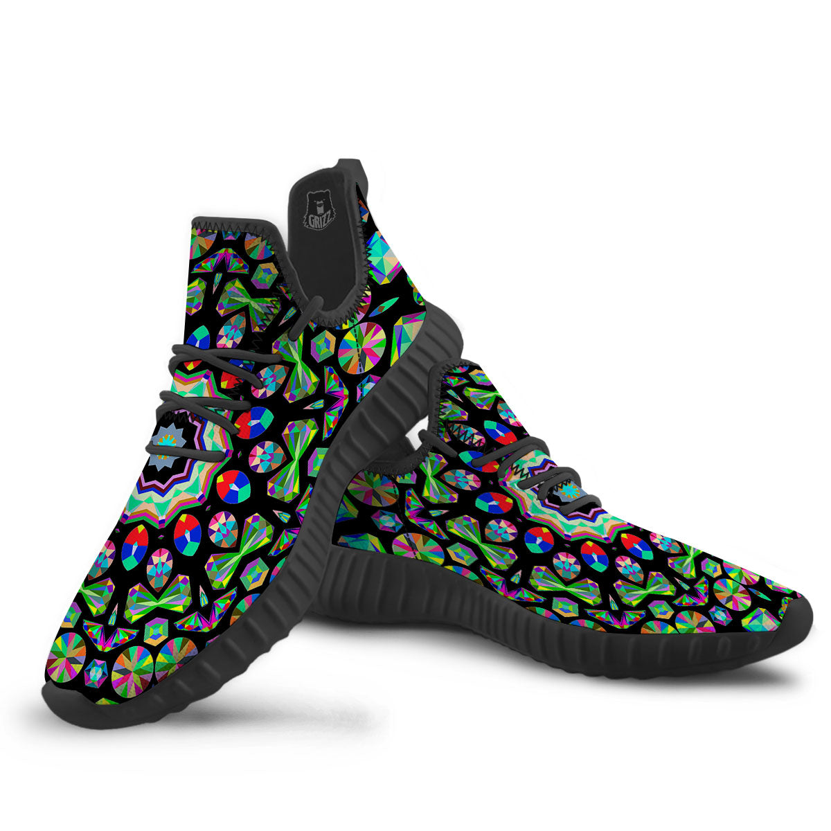 Gems Kaleidoscope Colorful Print Black Walking Shoes-grizzshop