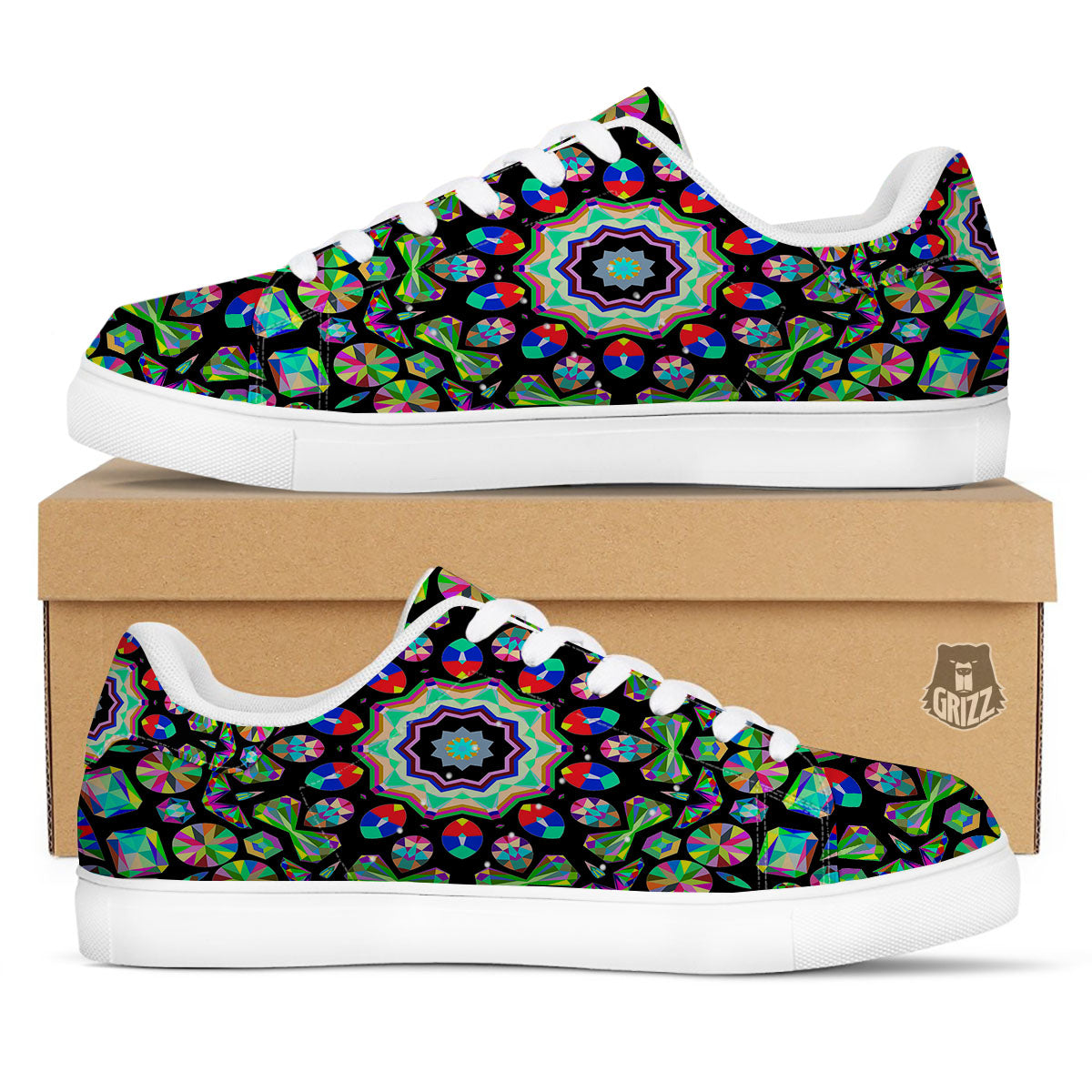 Gems Kaleidoscope Colorful Print White Low Top Sneakers-grizzshop