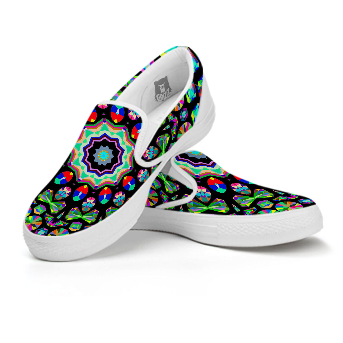 Gems Kaleidoscope Colorful Print White Slip On Shoes-grizzshop