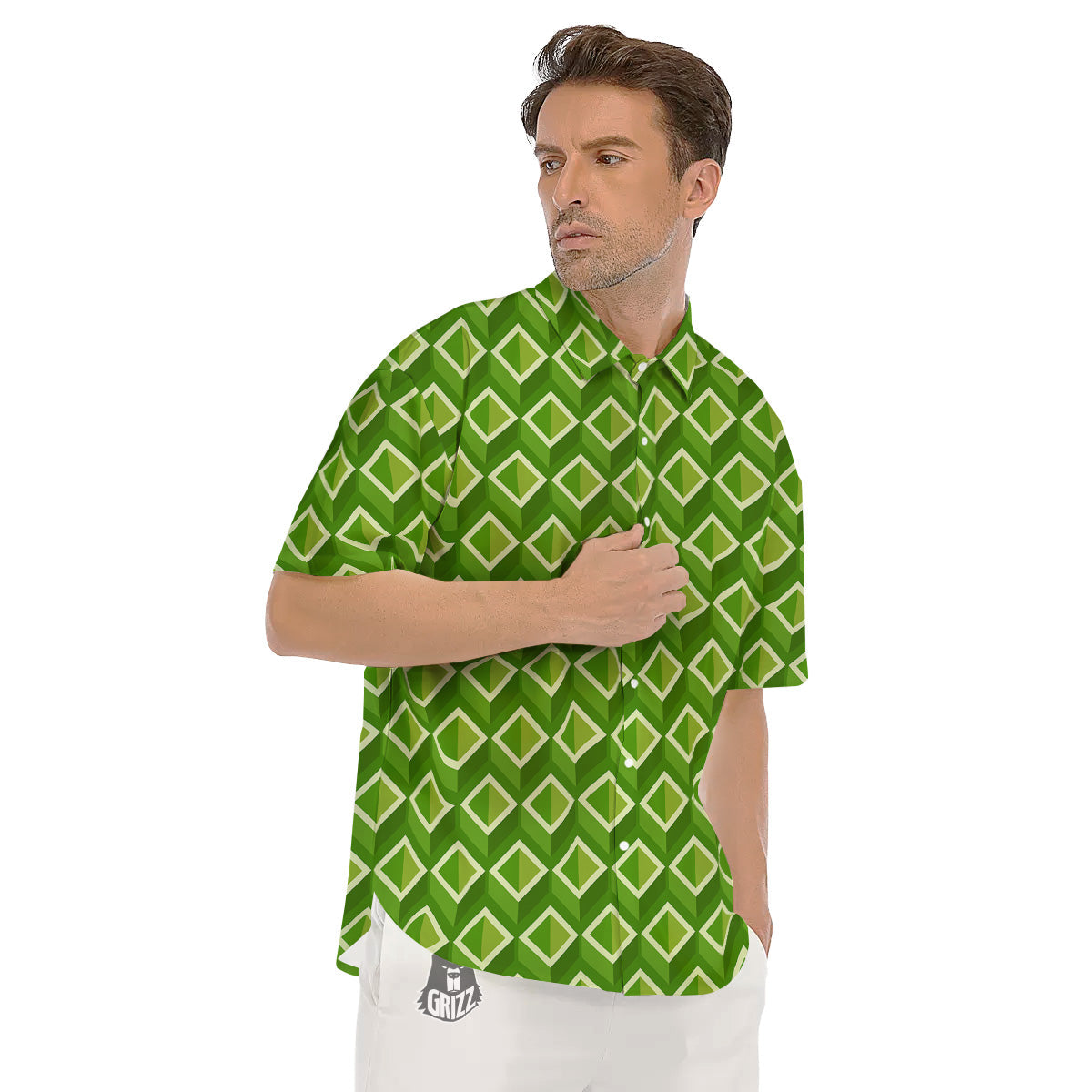 Geometric 3D Bamboo Print Pattern Men's Short Sleeve Shirts-grizzshop