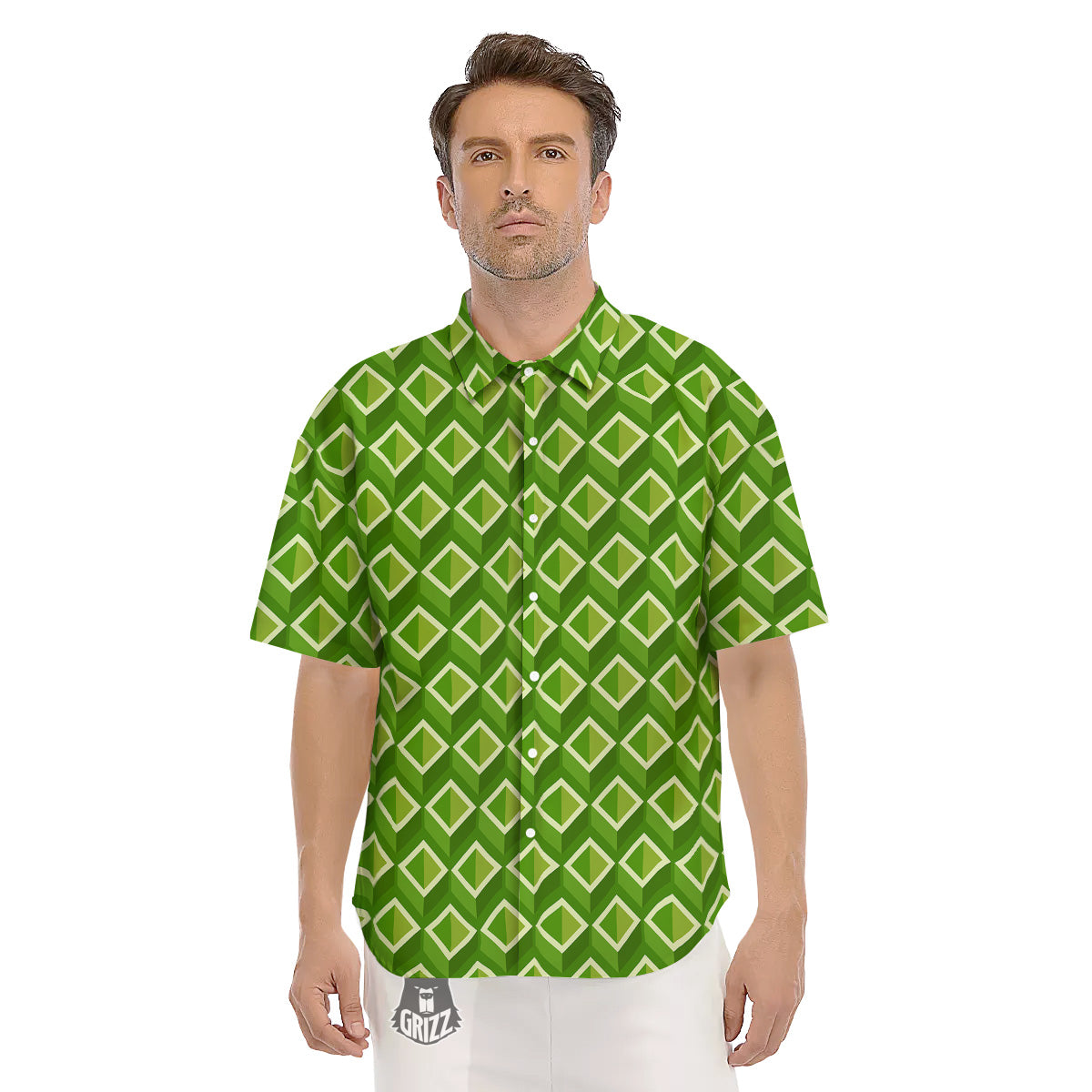 Geometric 3D Bamboo Print Pattern Men's Short Sleeve Shirts-grizzshop