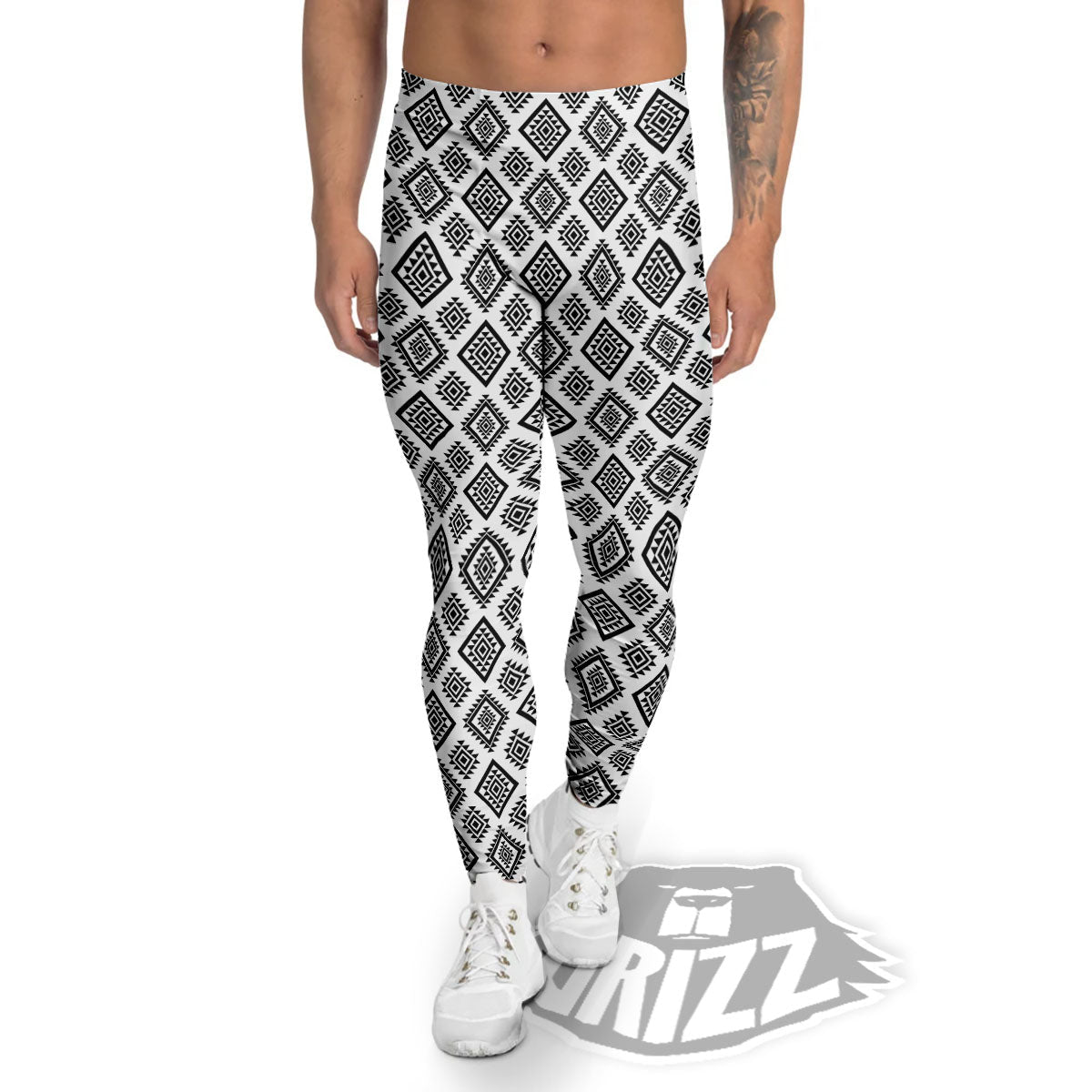 Geometric African White And Black Print Men's Leggings-grizzshop