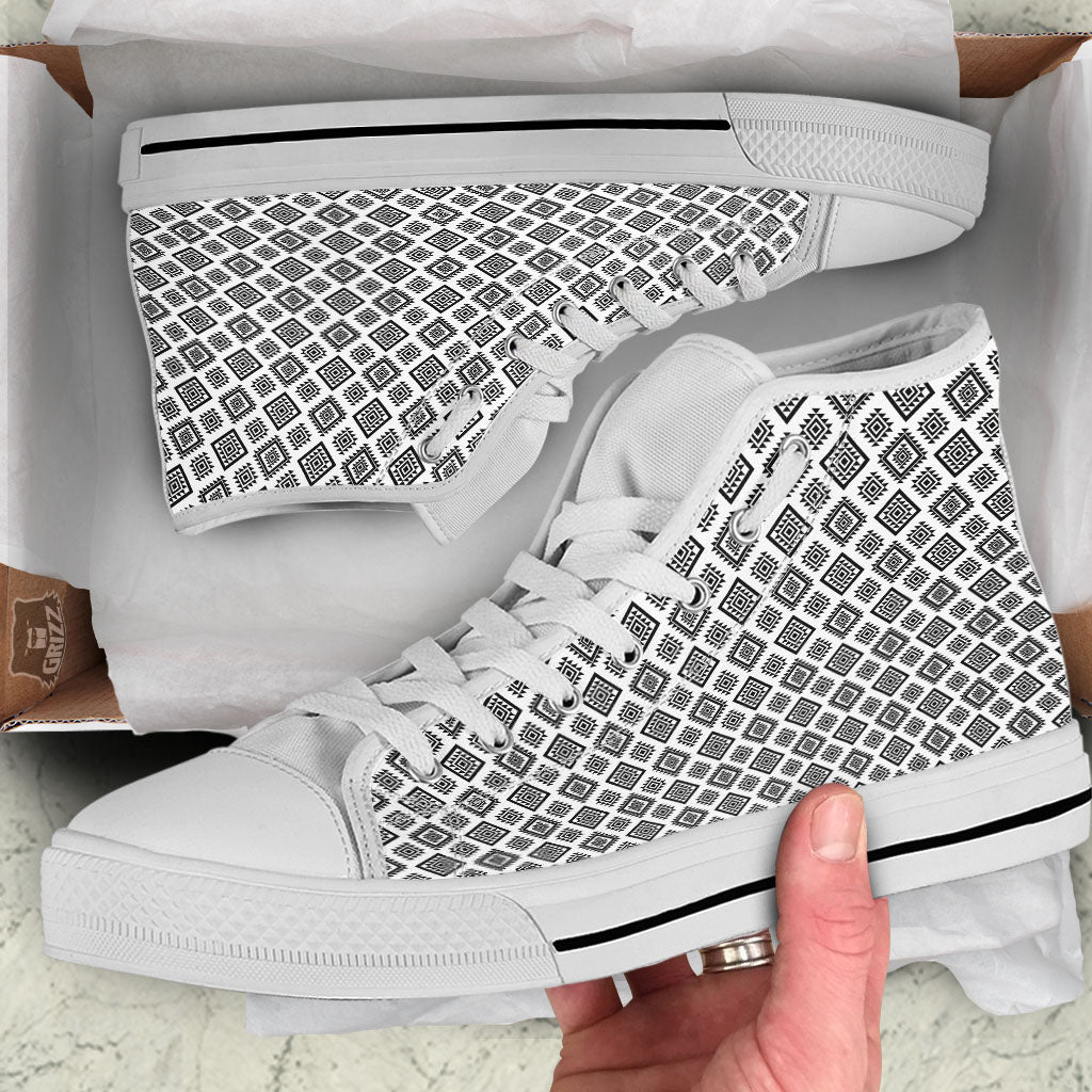 Geometric African White And Black Print White High Top Shoes-grizzshop