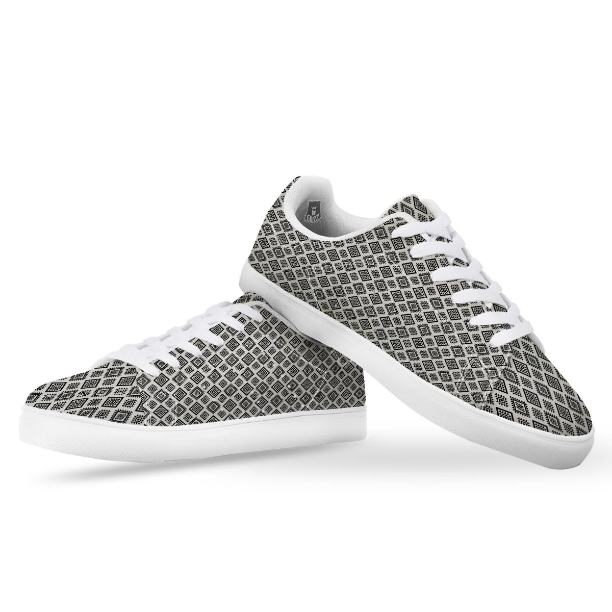 Geometric African White And Black Print White Low Top Sneakers-grizzshop